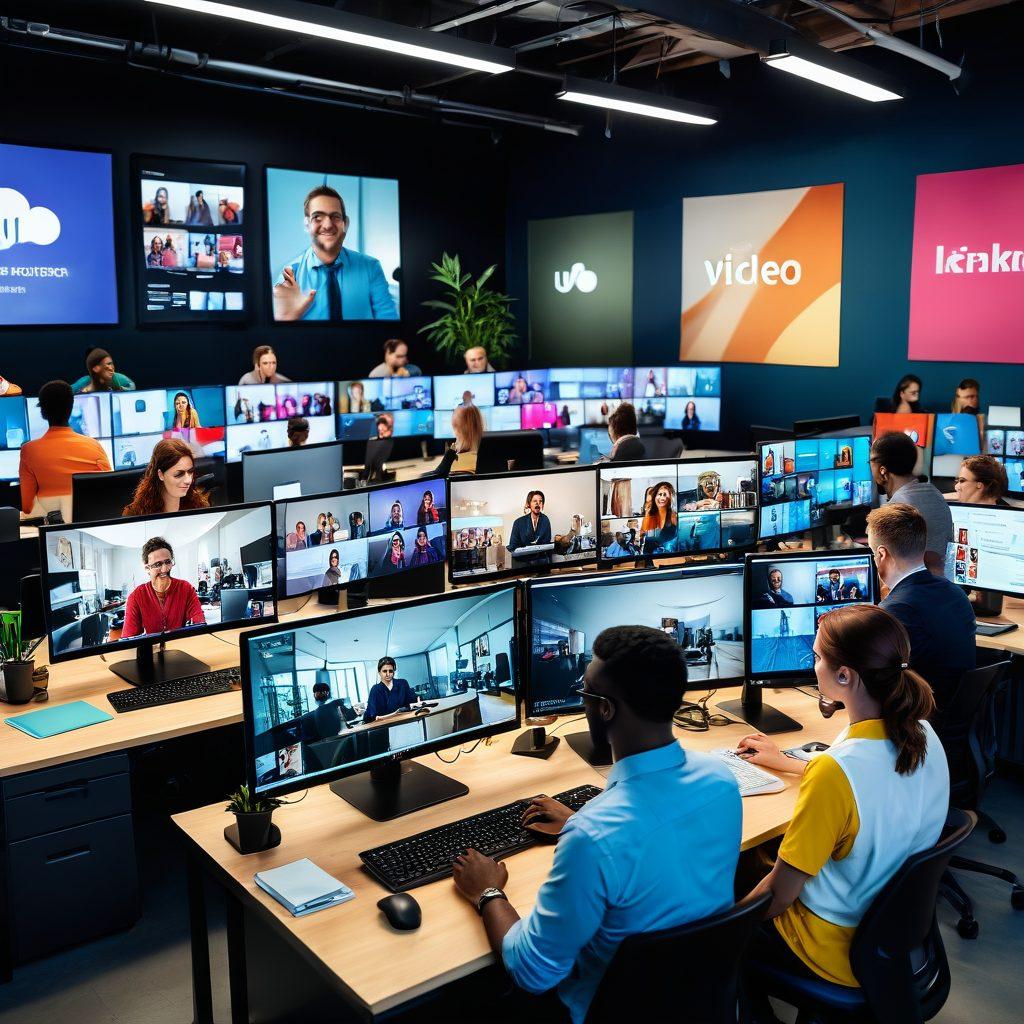 A bustling scene of a vibrant office space where diverse people are brainstorming and creating viral video content, with various online platforms displayed on computer screens in the background. Energy and excitement fill the room, capturing the essence of creativity and engagement. super-realistic. vibrant colors. modern style.
