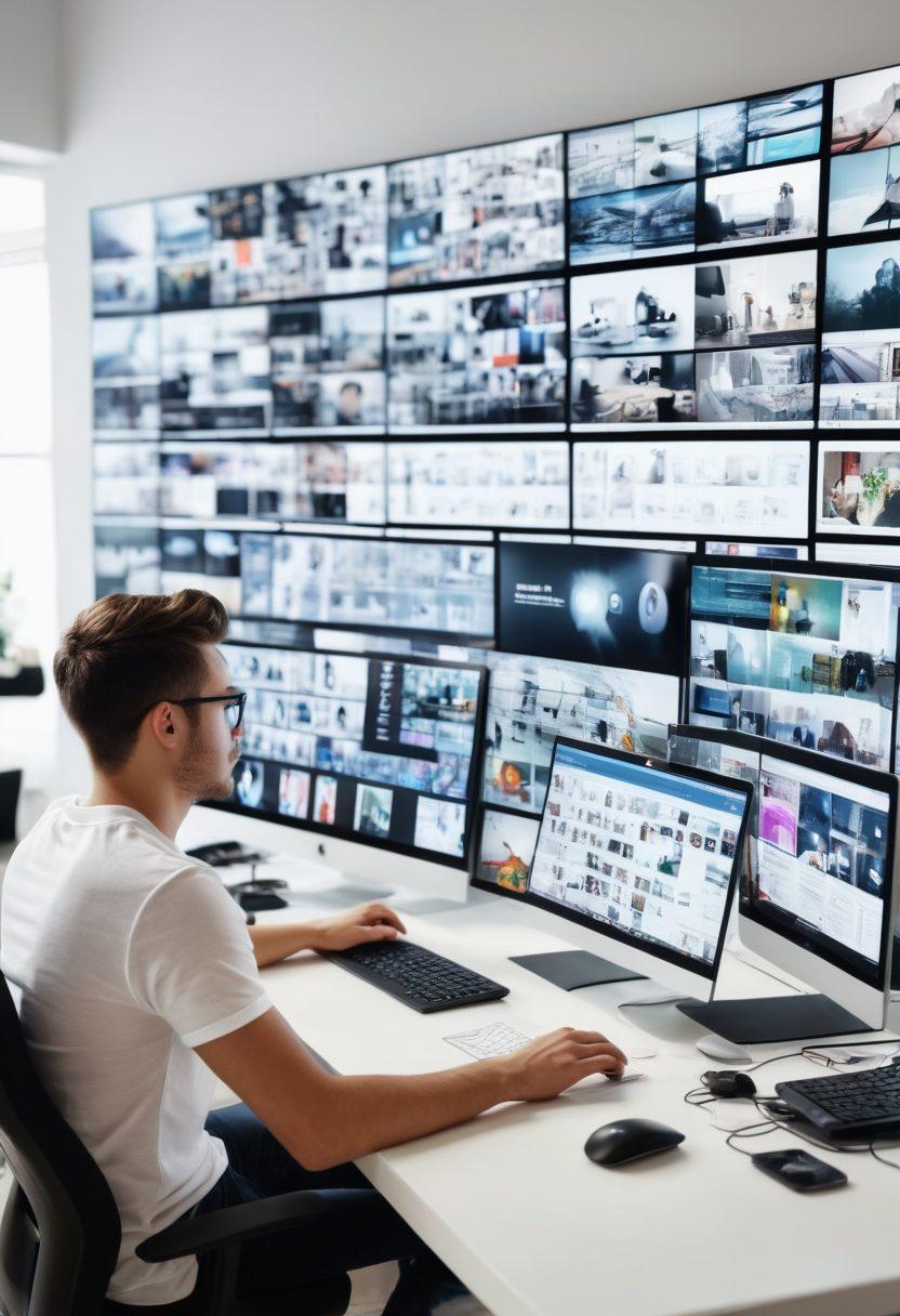 A person sitting at a modern workstation, surrounded by various digital devices (laptop, smartphone, tablet) displaying video clips being shared and edited seamlessly. The background includes icons and symbols representing social media platforms and video editing tools. The room is well-lit with a contemporary design, emphasizing a high-tech environment. super-realistic. vibrant colors. white background.