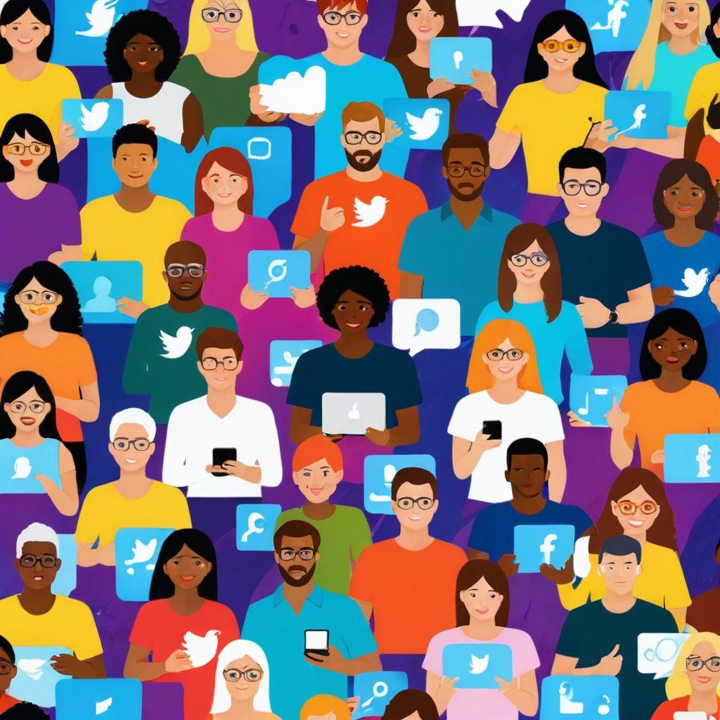 A diverse group of people, all ages and ethnicities, engaging with smartphones, laptops, and tablets displaying short, dynamic videos with likes, shares, and heart emojis flying out from the screens. The background features popular social media icons prominently. Vector art. vibrant colors.